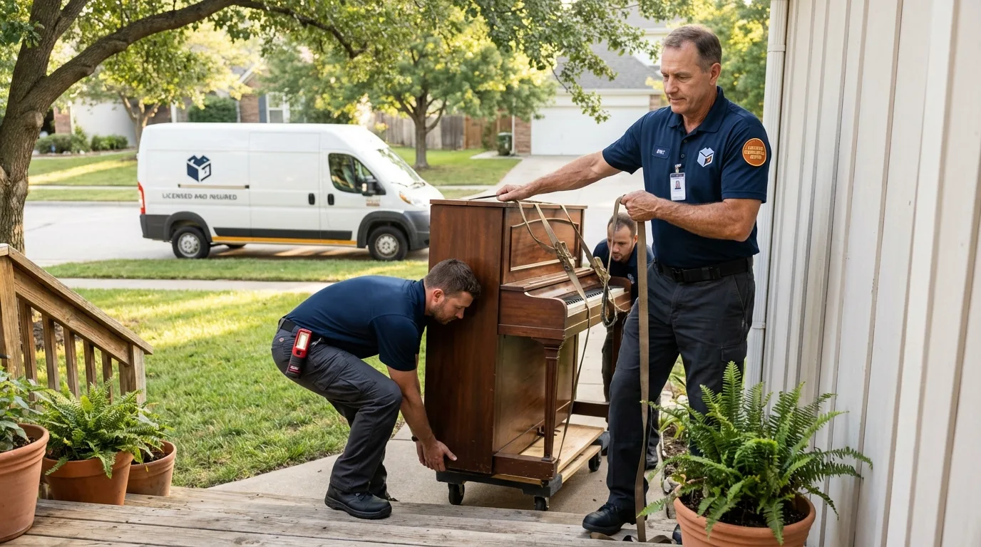 Licensed piano movers securing grand piano in Gideon, MO
