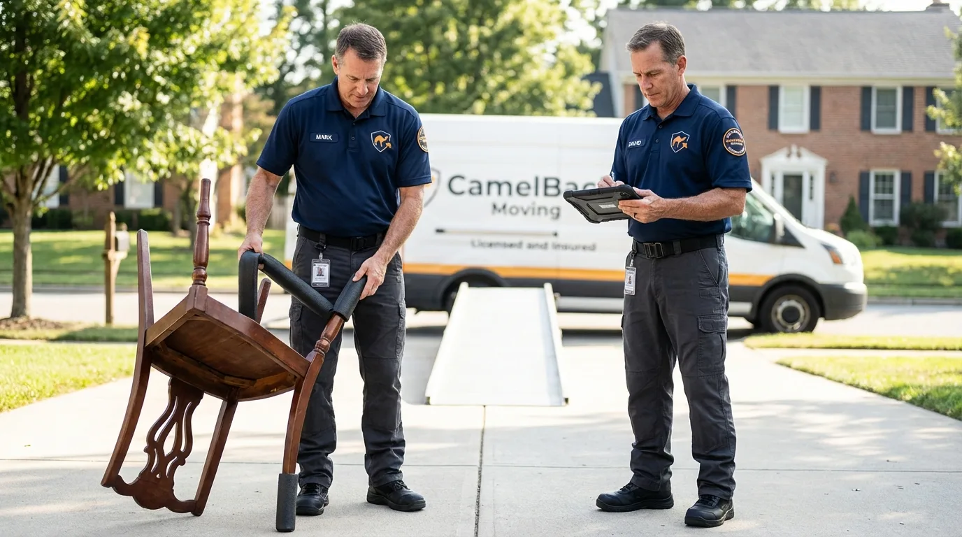 Movers inspecting furniture for damage prevention before loading in Gideon, MO