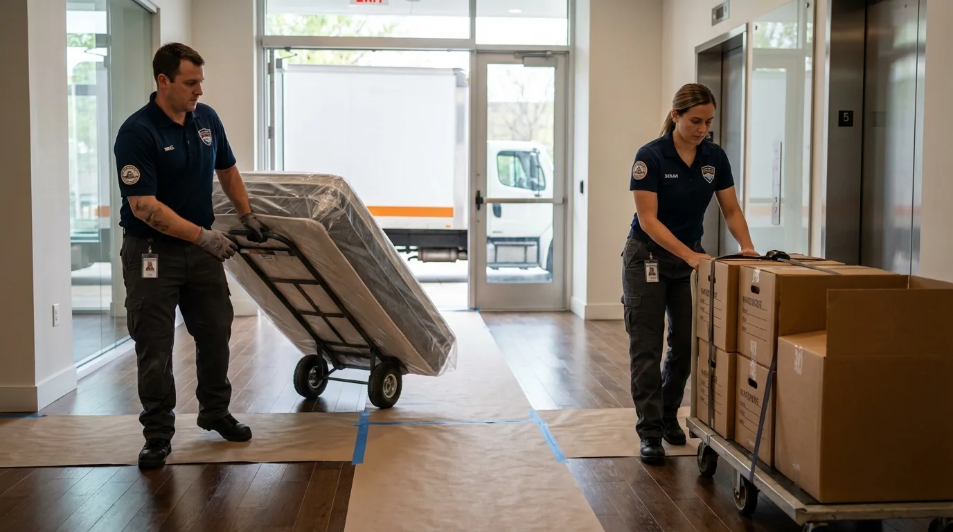 Professional apartment movers loading elevator in Gideon, MO