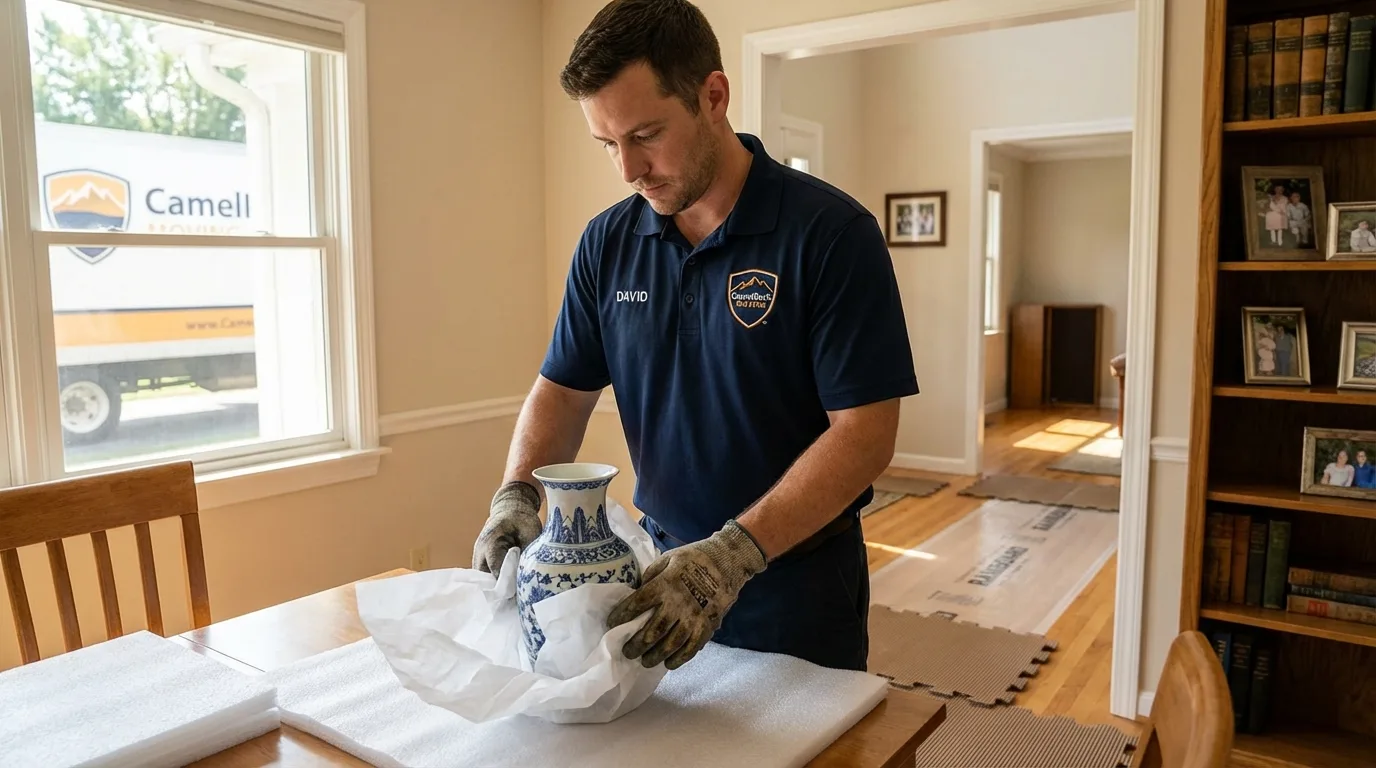 Professional crew carefully wrapping antique vase for senior downsizing move in Gideon, MO
