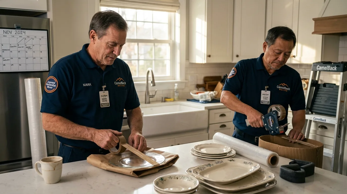 Professional crew packing kitchen dishware in Gideon, MO